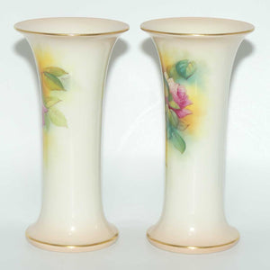 Royal Worcester hand painted pair of matched opposing scene roses very tall trumpet vases (Hunt)