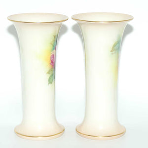 Royal Worcester hand painted pair of matched opposing scene roses very tall trumpet vases (Hunt)