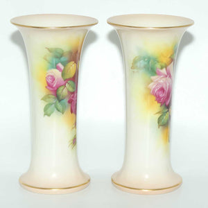 Royal Worcester hand painted pair of matched opposing scene roses very tall trumpet vases (Hunt)