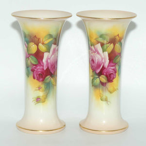 Royal Worcester hand painted pair of matched opposing scene roses very tall trumpet vases (Hunt)