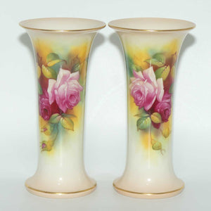 Royal Worcester hand painted pair of matched opposing scene roses very tall trumpet vases (Hunt)