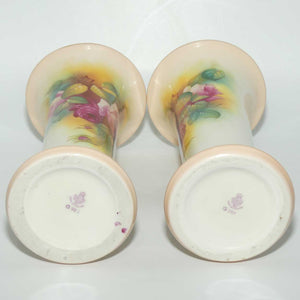 Royal Worcester hand painted pair of matched opposing scene roses very tall trumpet vases (Hunt)