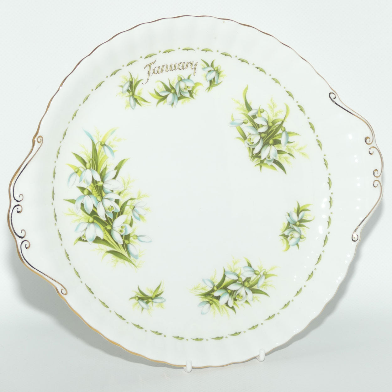 Royal Albert Bone China England | Flower of the Month series | #1 | January Snowdrops tab handle cake plate