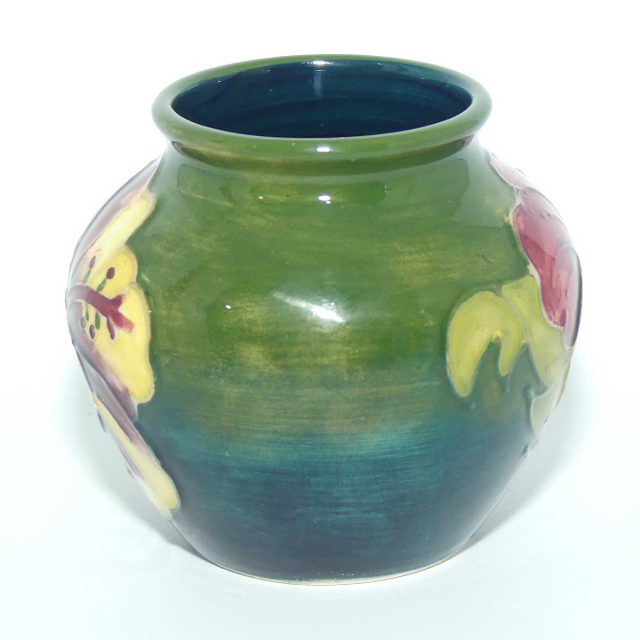 Walter Moorcroft Hibiscus on Green Ground vase | miniature round shape