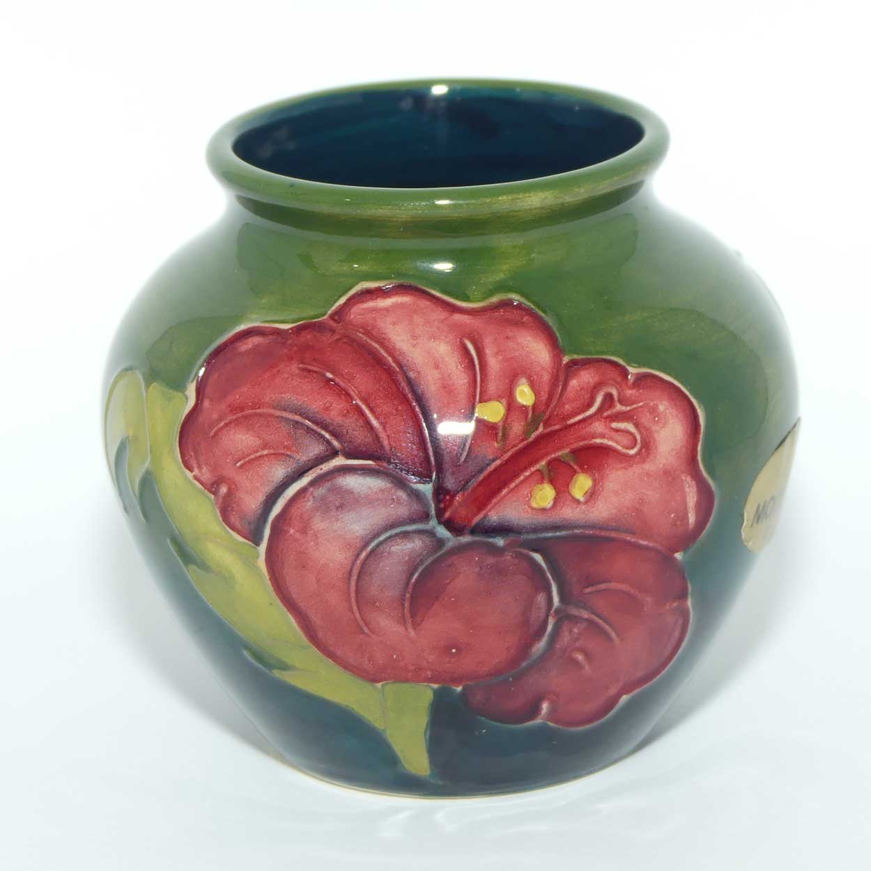 Walter Moorcroft Hibiscus on Green Ground vase | miniature round shape