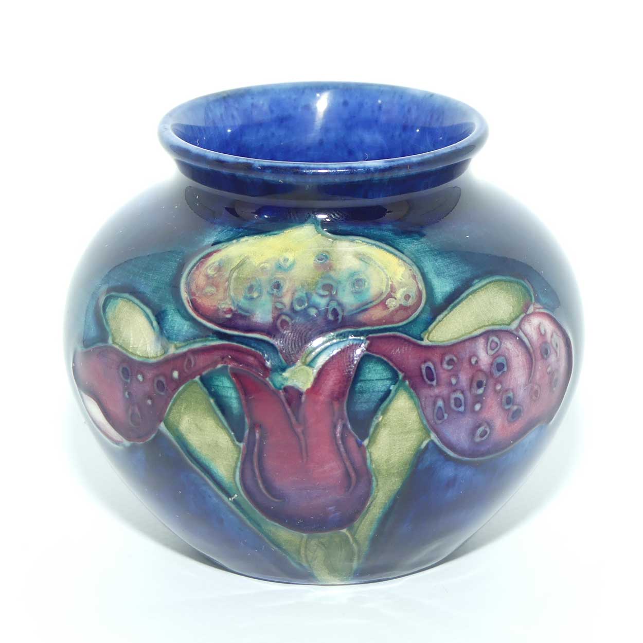 Walter Moorcroft Orchid on Blue Ground vase | miniature round shape