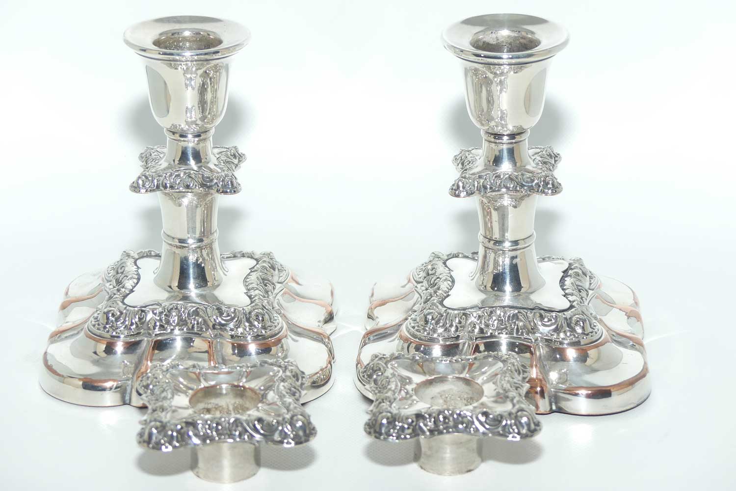 Charming pair of Old Sheffield plate table candleholders