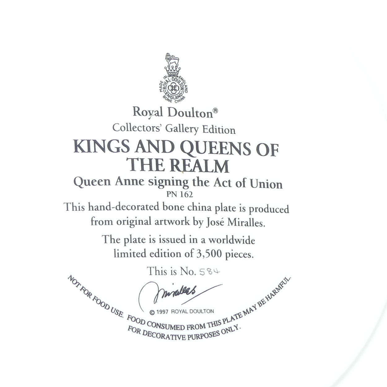 Royal Doulton Kings and Queens of the Realm PN162 plate | Queen Anne signing the Act of Union | LE584