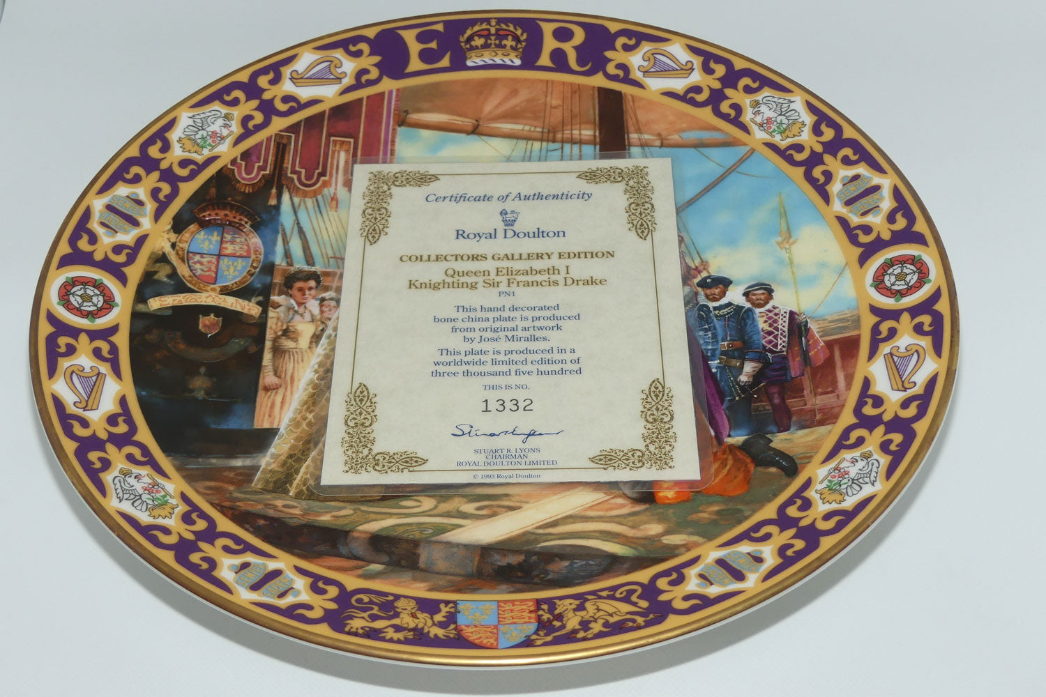 Royal Doulton Kings and Queens of the Realm PN1 plate | Queen Elizabeth I Knighting Sir Francis Drake