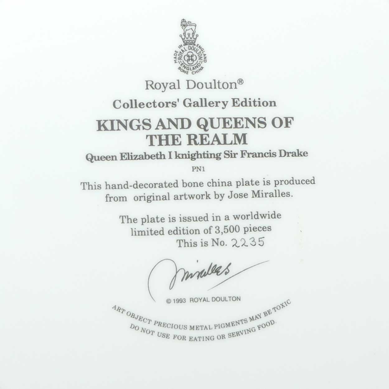 Royal Doulton Kings and Queens of the Realm PN1 plate | Queen Elizabeth I Knighting Sir Francis Drake | LE 2235/3500