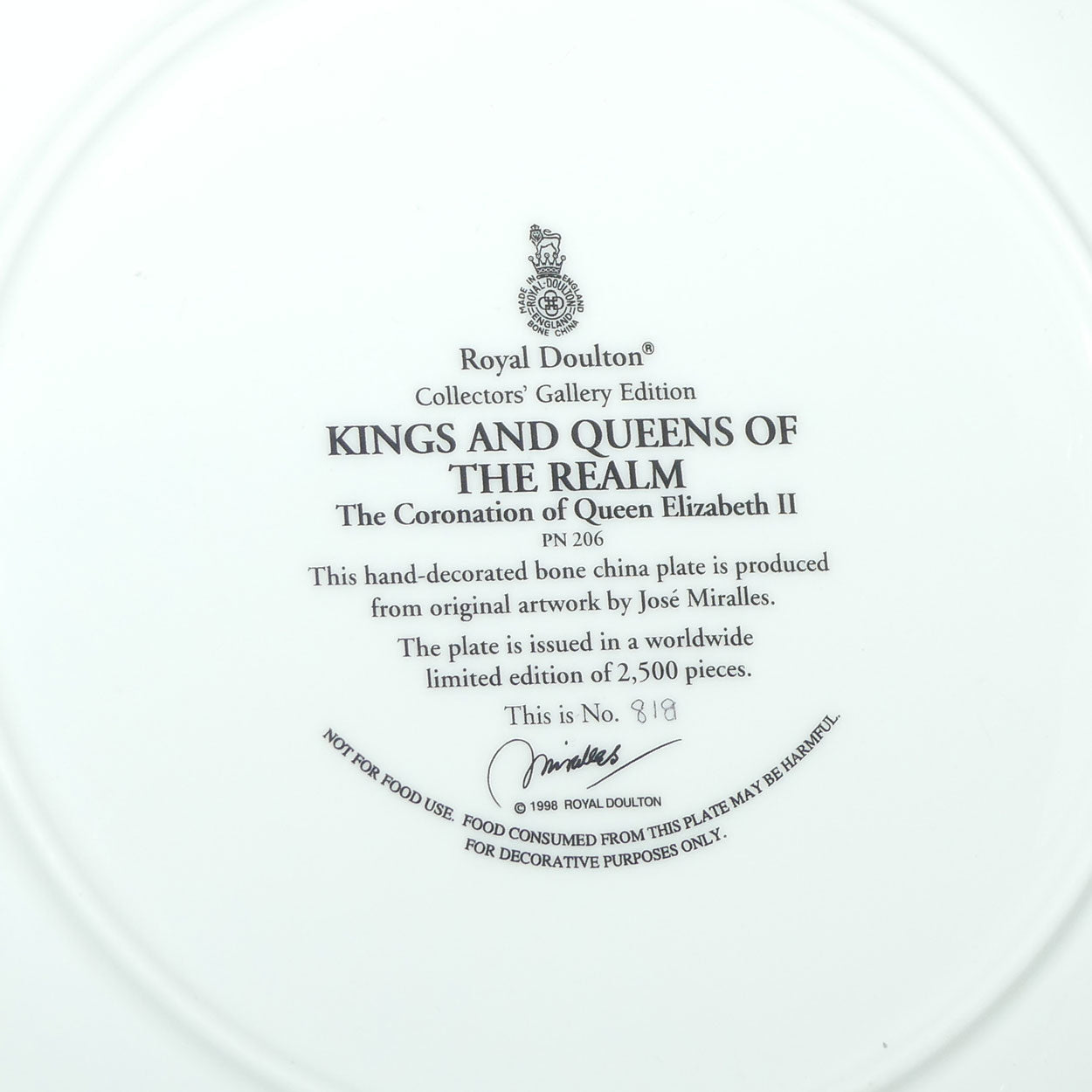 Royal Doulton Kings and Queens of the Realm PN206 plate | The Coronation of Queen Elizabeth II | LE818