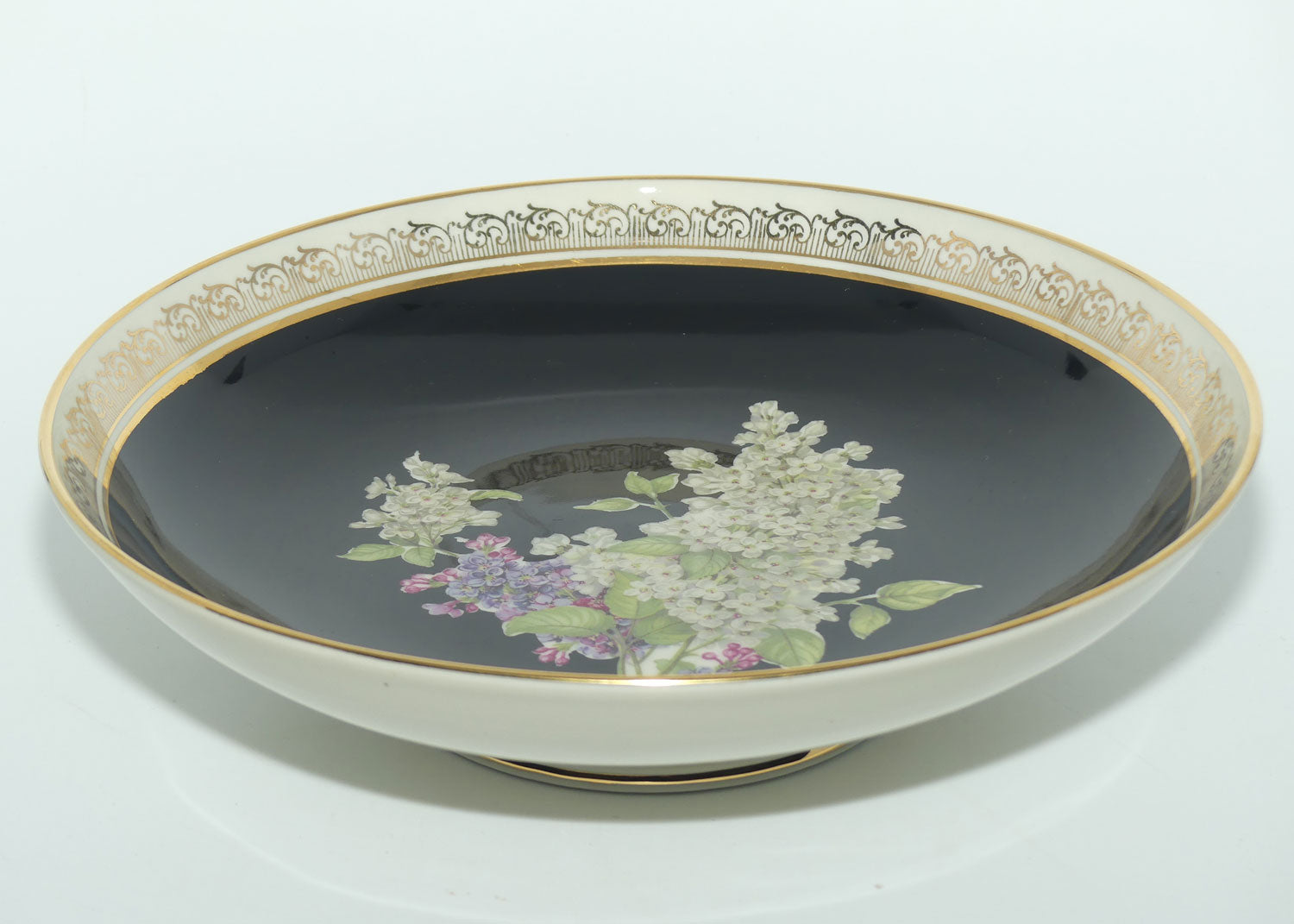 RW Bavaria Porcelain Bowl on footed base | Floral Bouquet on Black Ground