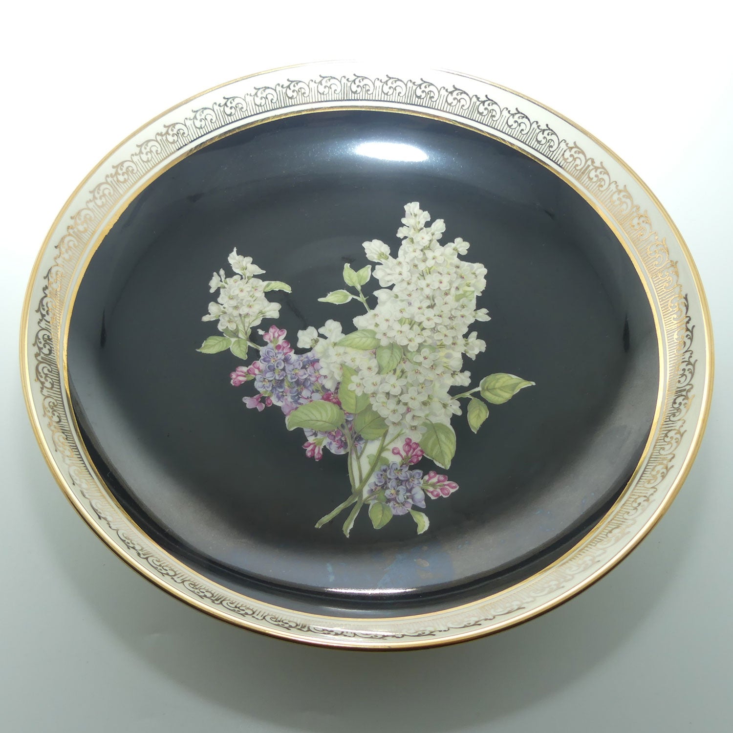 RW Bavaria Porcelain Bowl on footed base | Floral Bouquet on Black Ground
