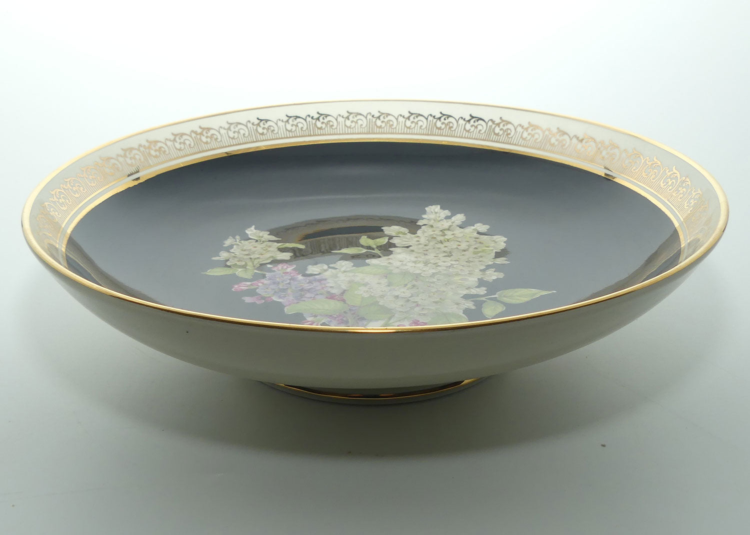 RW Bavaria Porcelain Bowl on footed base | Floral Bouquet on Black Ground