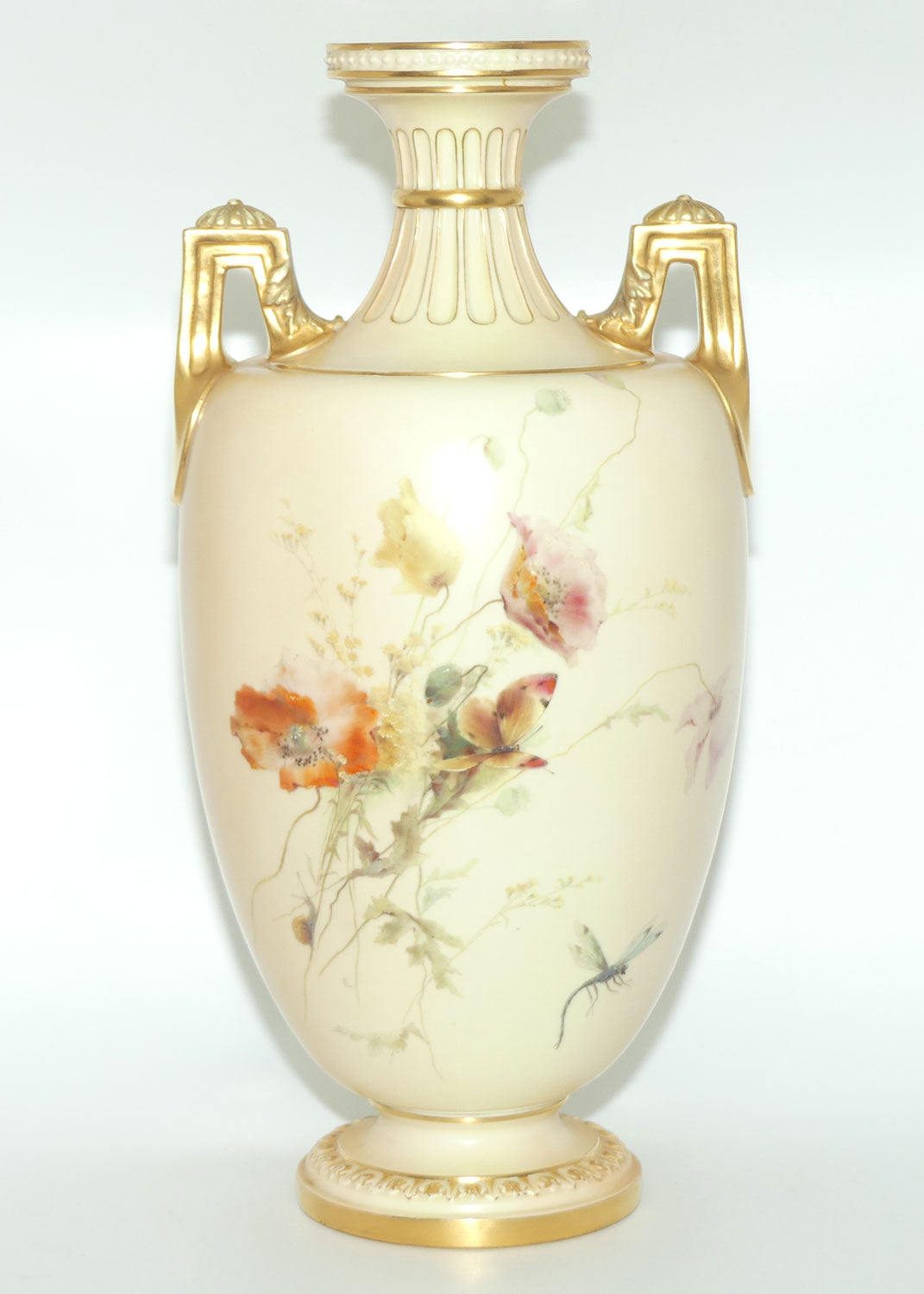 Royal Worcester Blush Ivory hand painted huge table centrepiece depicting flowers, butterflies, snails and a dragonfly (Raby)