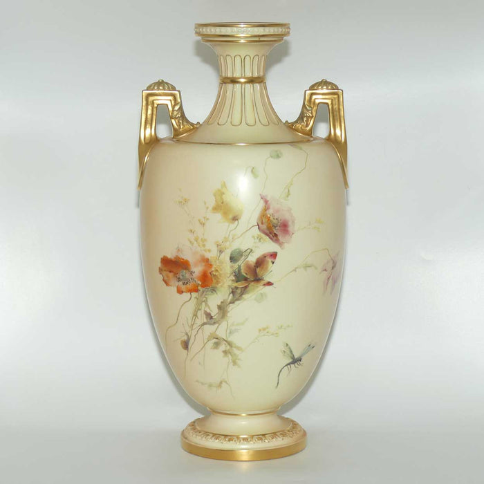 Royal Worcester Blush Ivory hand painted huge table centrepiece depicting flowers, butterflies, snails and a dragonfly (Raby)