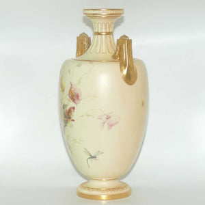 Royal Worcester Blush Ivory hand painted huge table centrepiece depicting flowers, butterflies, snails and a dragonfly (Raby)