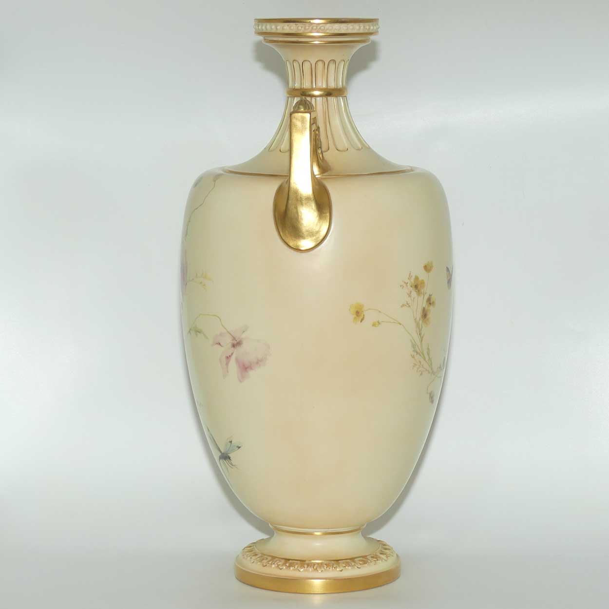 Royal Worcester Blush Ivory hand painted huge table centrepiece depicting flowers, butterflies, snails and a dragonfly (Raby)