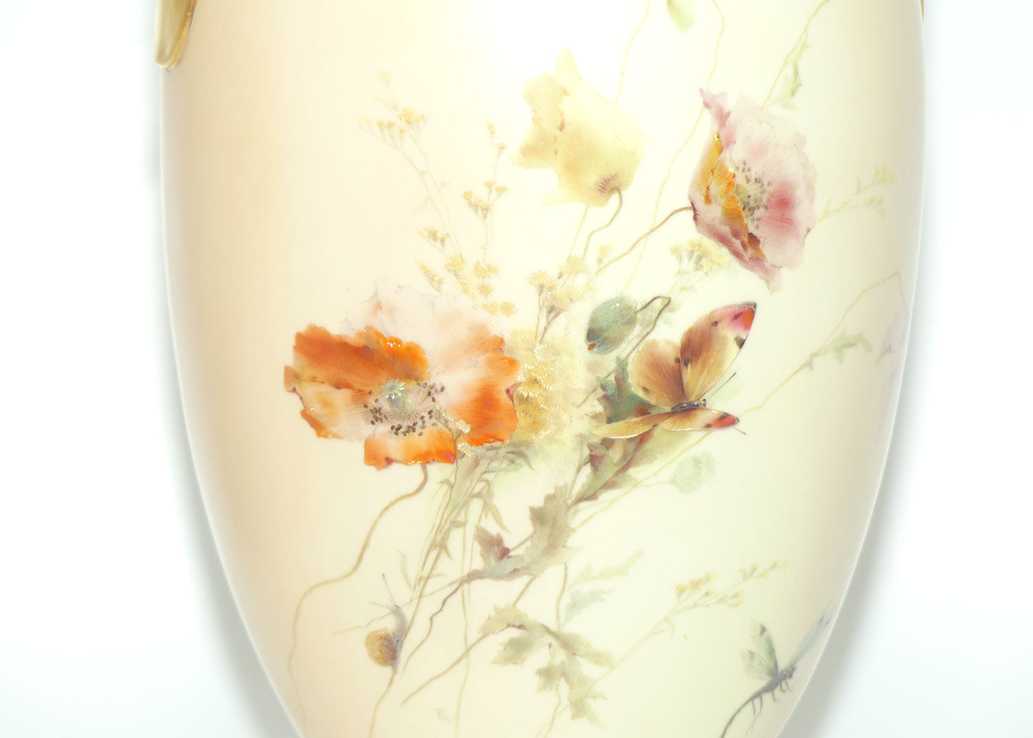 Royal Worcester Blush Ivory hand painted huge table centrepiece depicting flowers, butterflies, snails and a dragonfly (Raby)