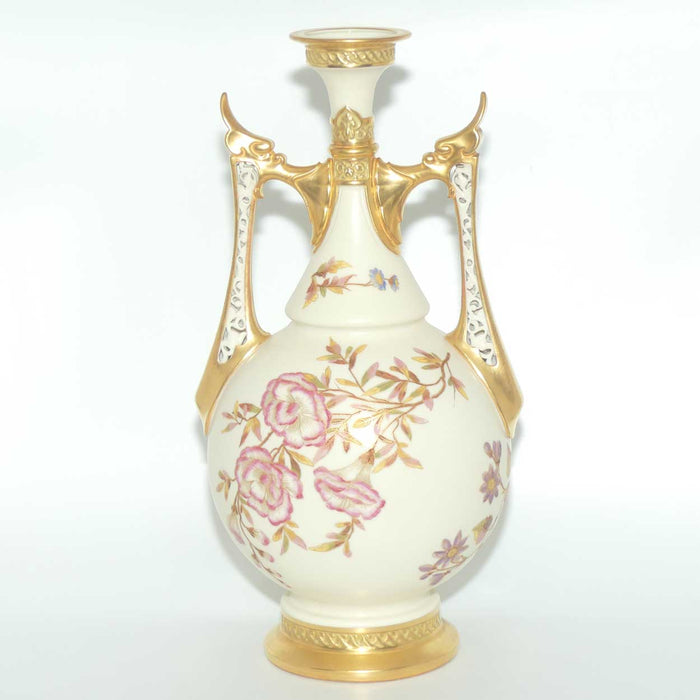 Royal Worcester Blush Ivory hand painted floral vase with reticulated handles