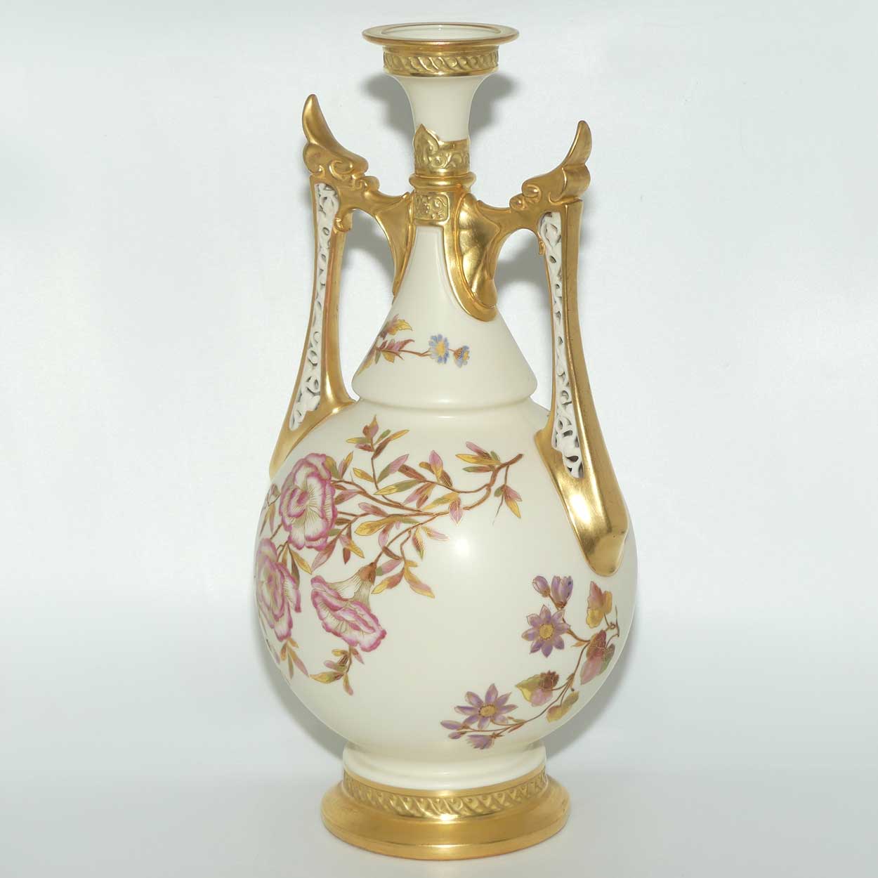Royal Worcester Blush Ivory hand painted floral vase with reticulated handles