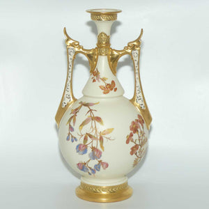 Royal Worcester Blush Ivory hand painted floral vase with reticulated handles