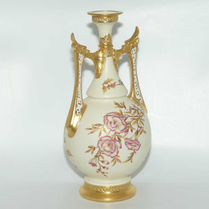 Royal Worcester Blush Ivory hand painted floral vase with reticulated handles