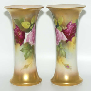 Royal Worcester hand painted pair of roses and gilt trumpet vases | Hunt