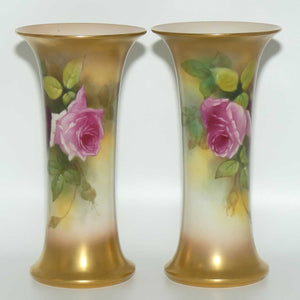 Royal Worcester hand painted pair of roses and gilt trumpet vases | Hunt