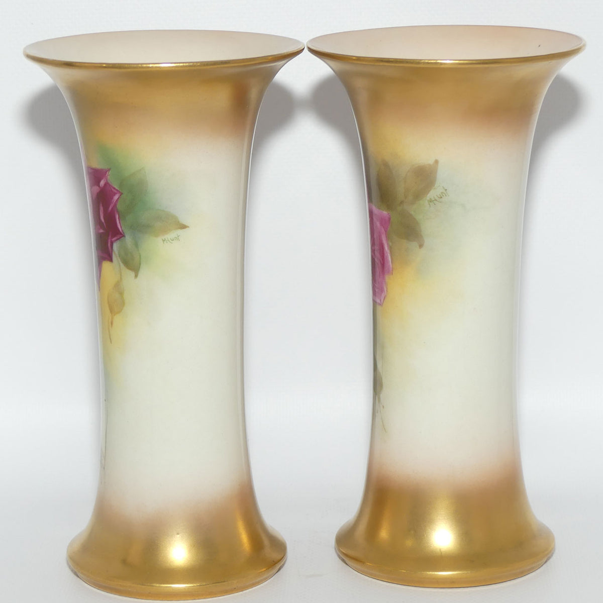 Royal Worcester hand painted pair of roses and gilt trumpet vases | Hunt