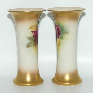 Royal Worcester hand painted pair of roses and gilt trumpet vases | Hunt