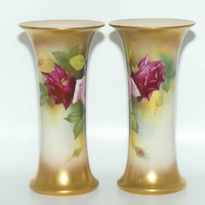 Royal Worcester hand painted pair of roses and gilt trumpet vases | Hunt