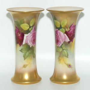 Royal Worcester hand painted pair of roses and gilt trumpet vases | Hunt