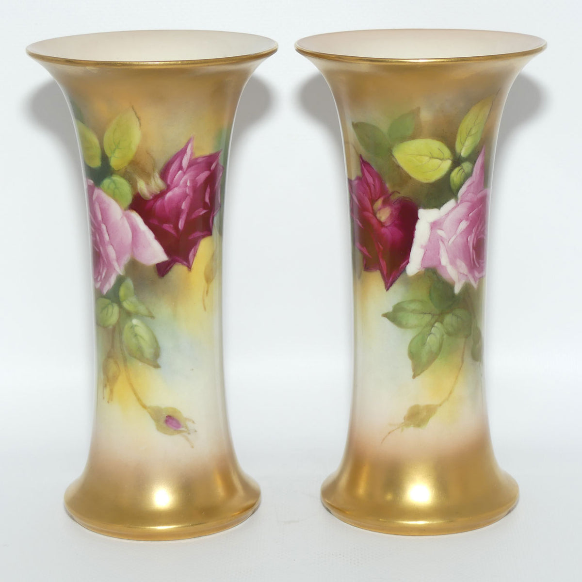 Royal Worcester hand painted pair of roses and gilt trumpet vases | Hunt