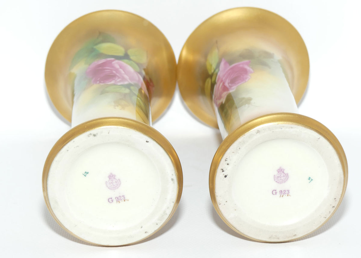 Royal Worcester hand painted pair of roses and gilt trumpet vases | Hunt