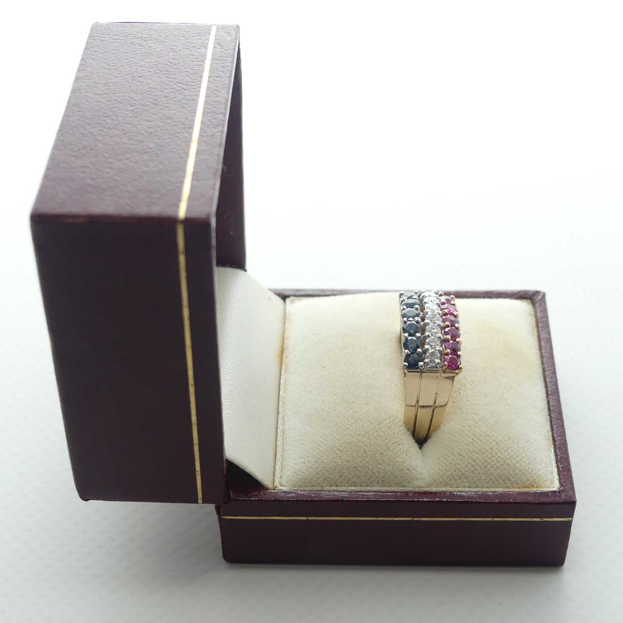 14ct Yellow and White Gold 19 stone Ruby, Sapphire, Diamond Ring