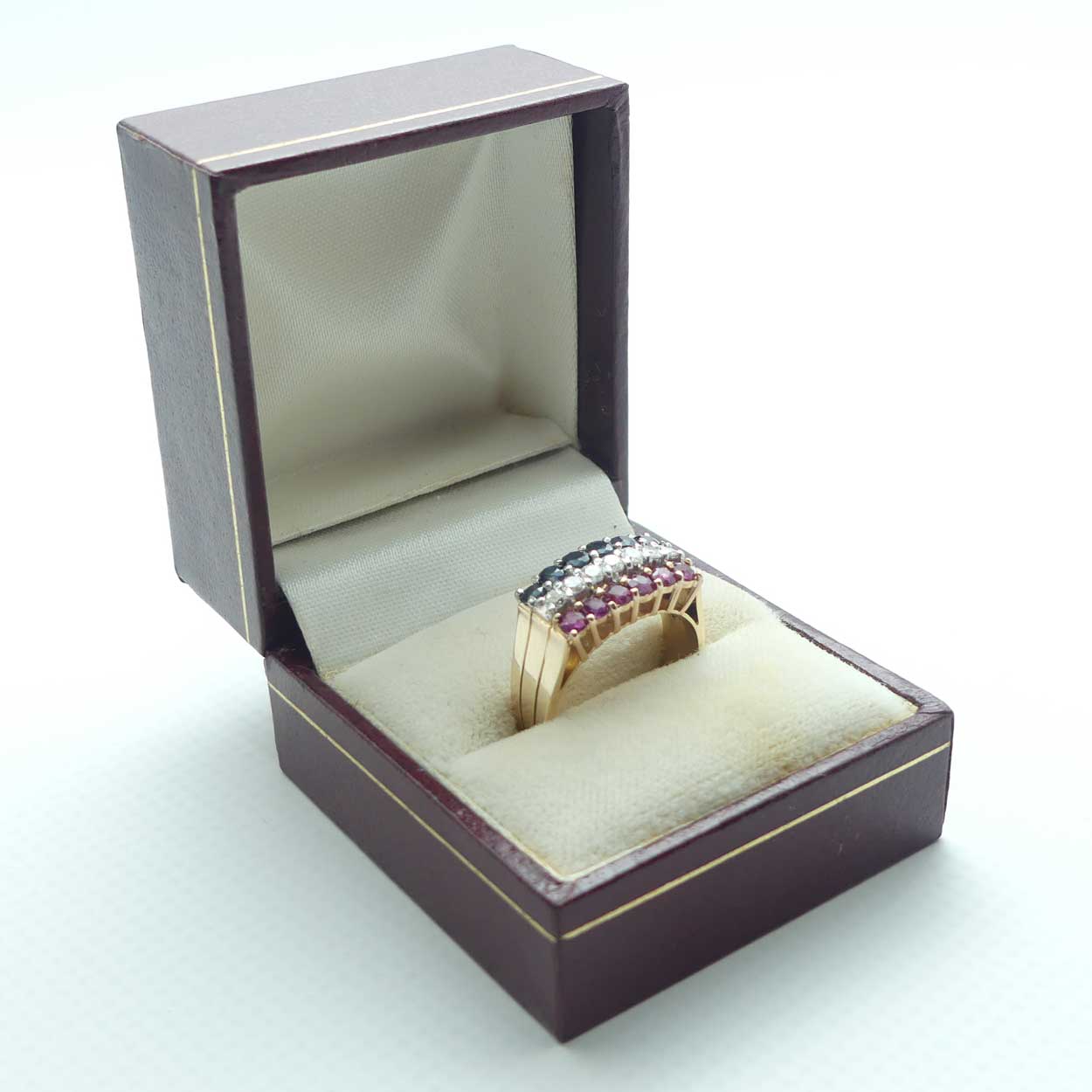 14ct Yellow and White Gold 19 stone Ruby, Sapphire, Diamond Ring