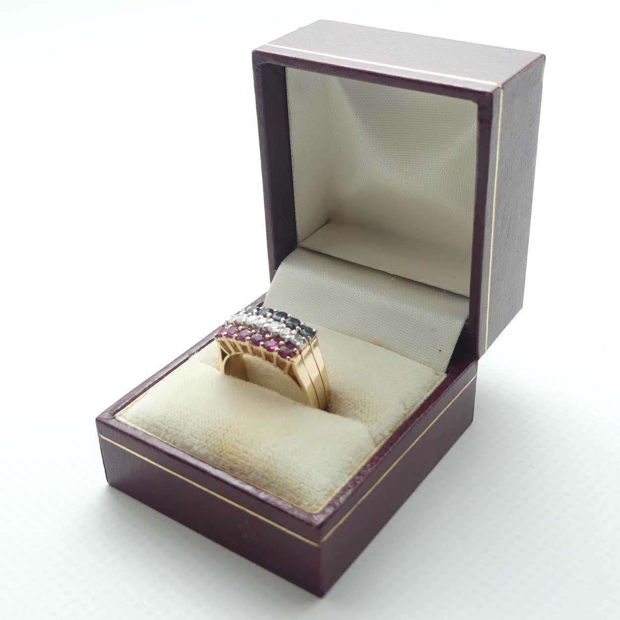 14ct Yellow and White Gold 19 stone Ruby, Sapphire, Diamond Ring