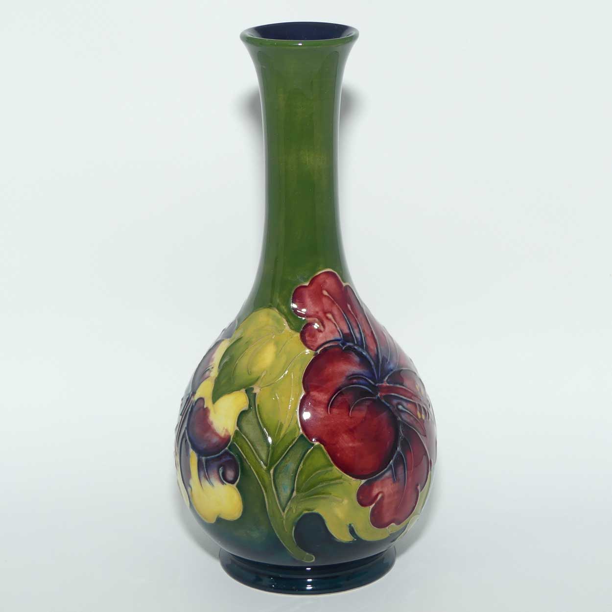 Walter Moorcroft Hibiscus | Olive Green ground slender neck vase | Shape 80/8