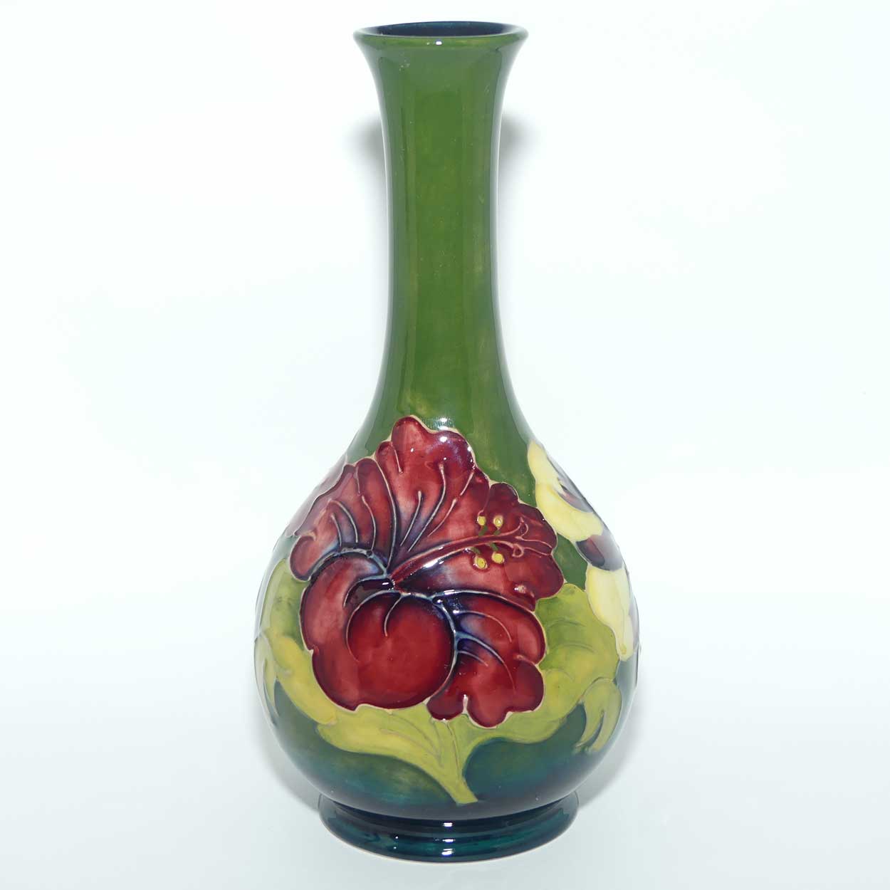 Walter Moorcroft Hibiscus | Olive Green ground slender neck vase | Shape 80/8