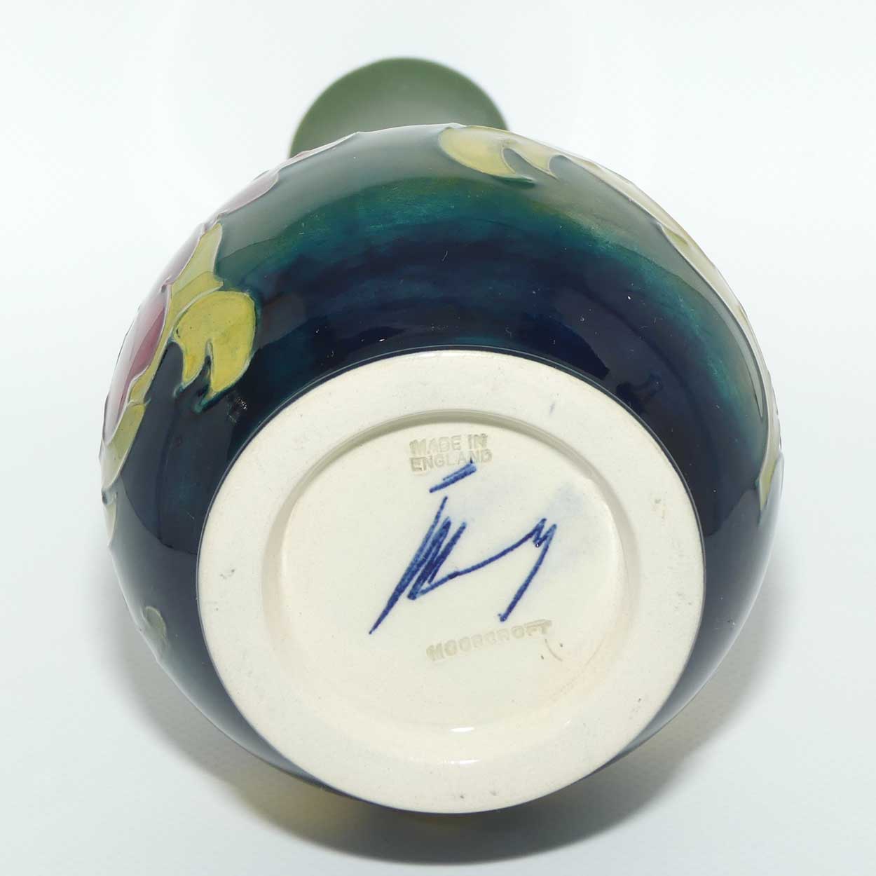 Walter Moorcroft Hibiscus | Olive Green ground slender neck vase | Shape 80/8