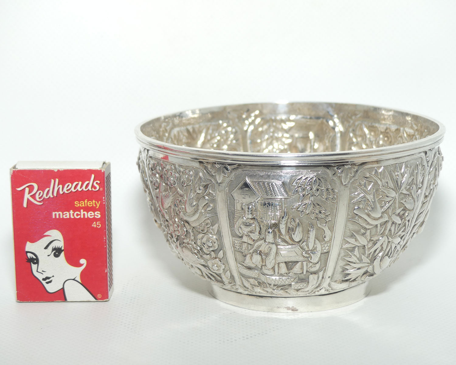 Chinese Export Silver bowl | Early 20th Century | Superbly Decorated with 8 panels | Wang Hing and Co | 200g