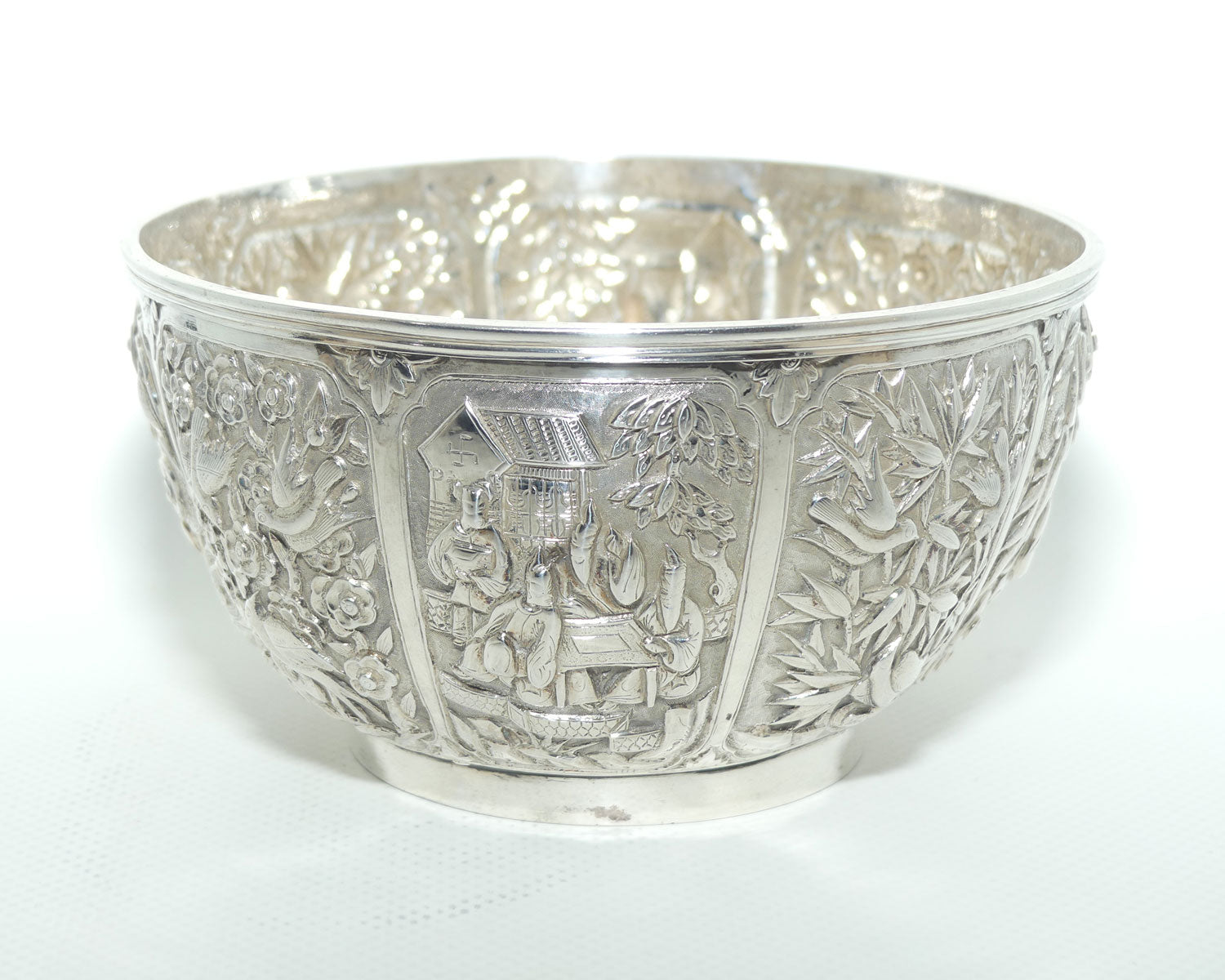 Chinese Export Silver bowl | Early 20th Century | Superbly Decorated with 8 panels | Wang Hing and Co | 200g