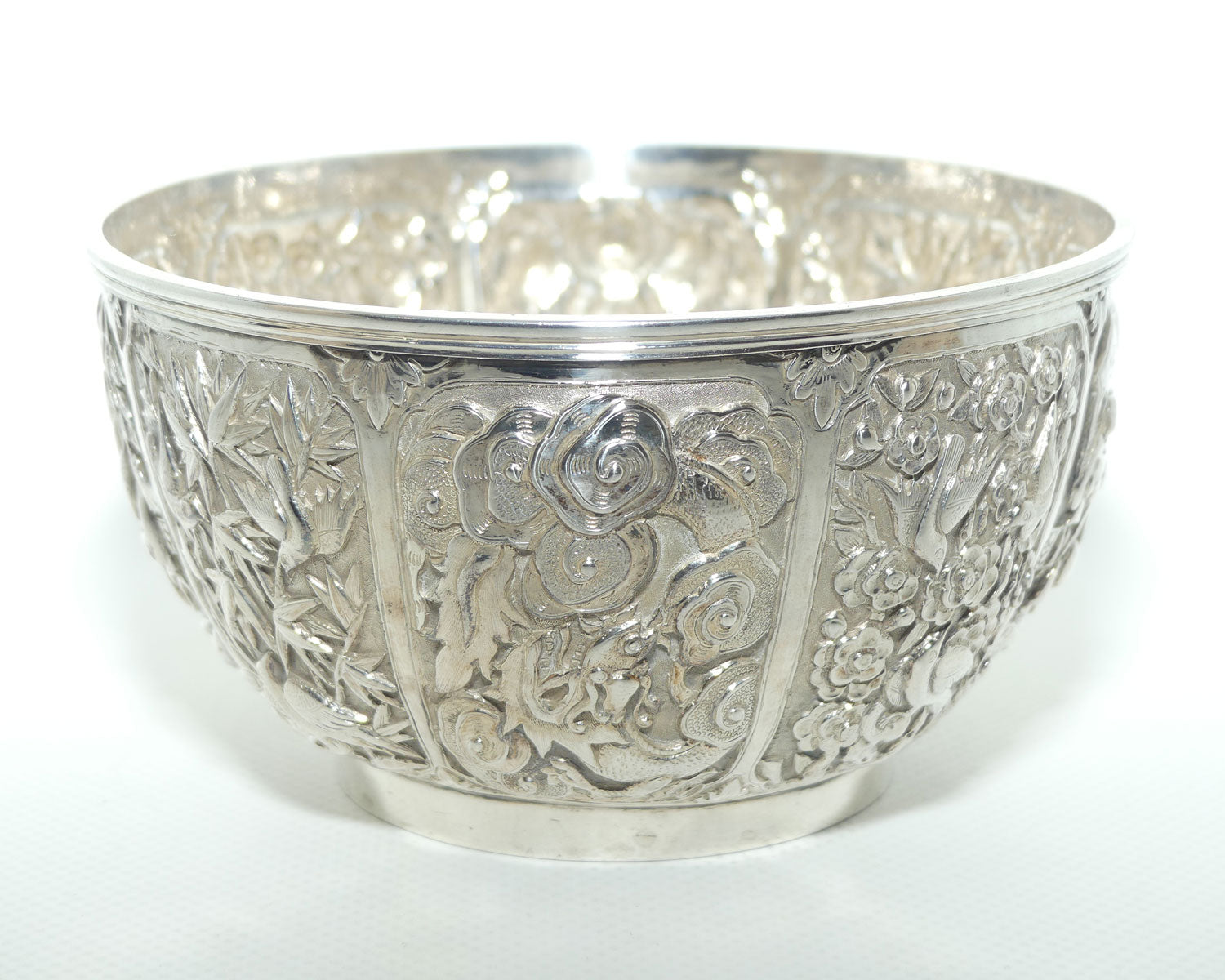 Chinese Export Silver bowl | Early 20th Century | Superbly Decorated with 8 panels | Wang Hing and Co | 200g