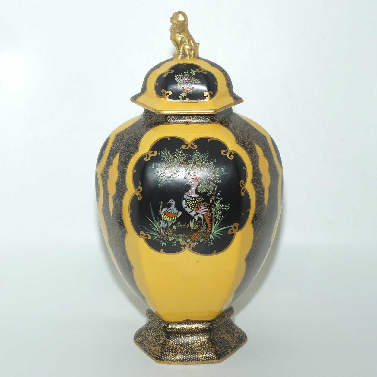 W & R Carlton Ware temple urn | Worcester Birds pattern on Black and Yellow | 2196