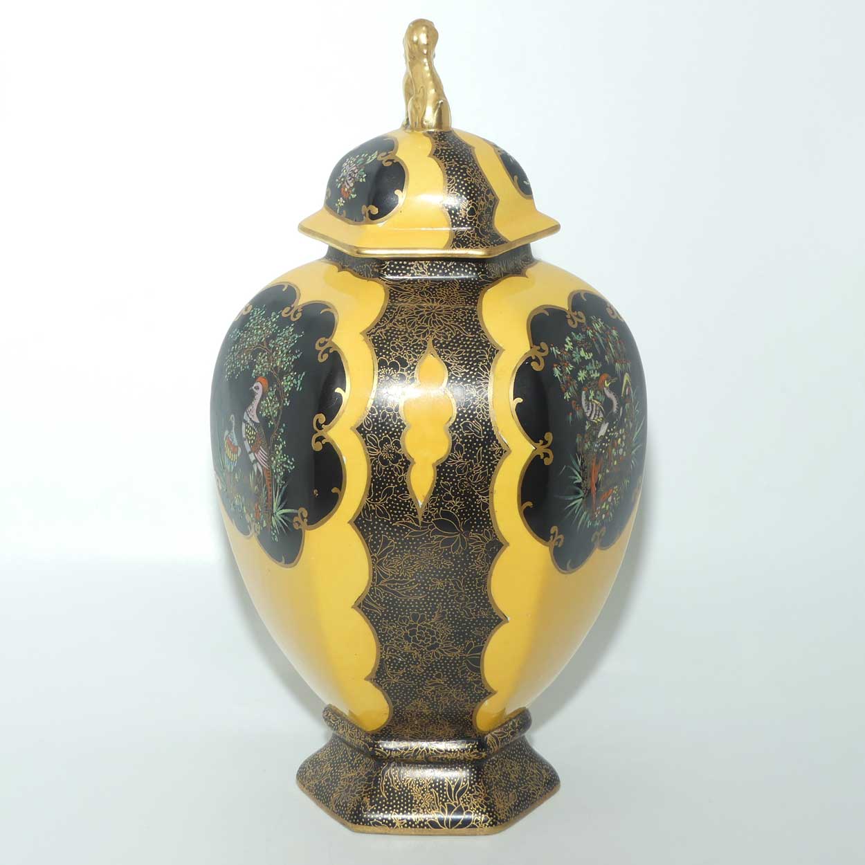 W & R Carlton Ware temple urn | Worcester Birds pattern on Black and Yellow | 2196