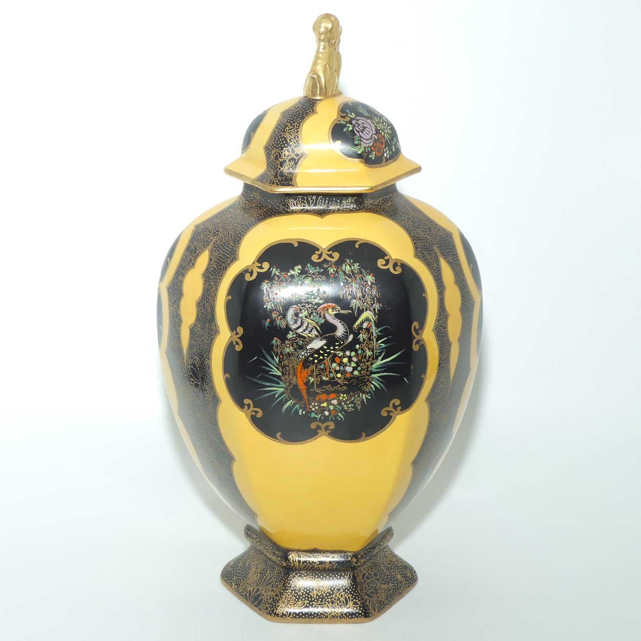 W & R Carlton Ware temple urn | Worcester Birds pattern on Black and Yellow | 2196