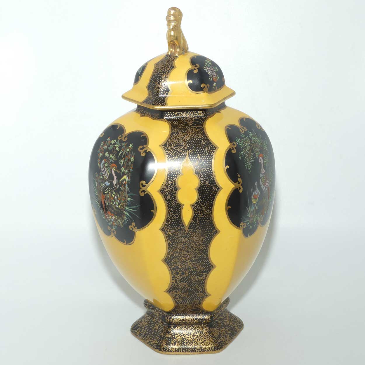 W & R Carlton Ware temple urn | Worcester Birds pattern on Black and Yellow | 2196