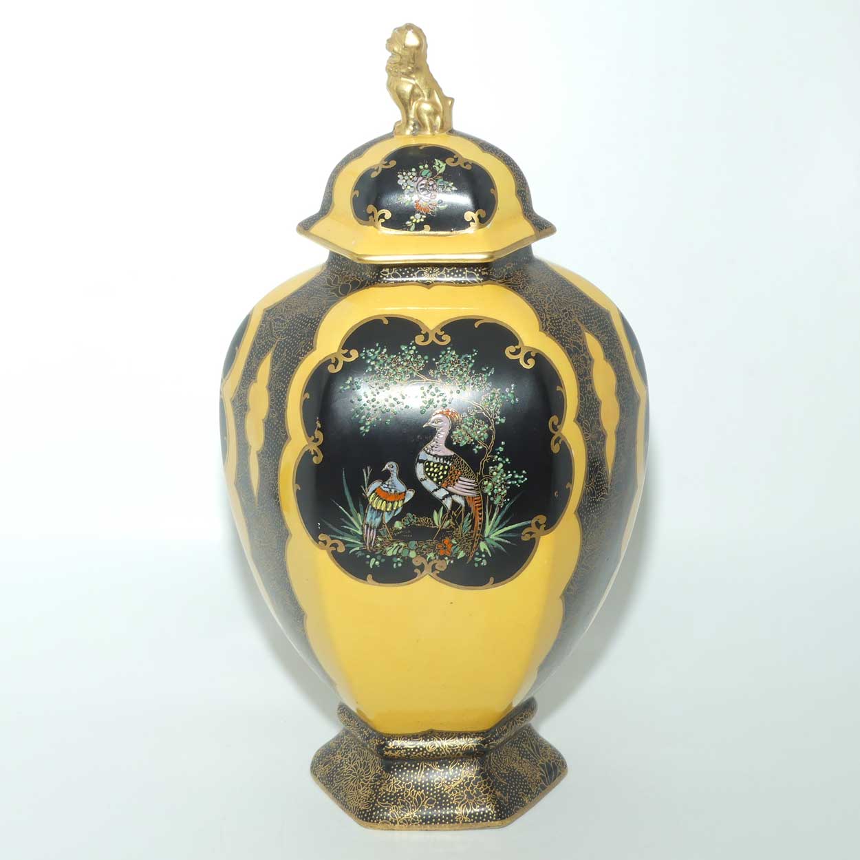 W & R Carlton Ware temple urn | Worcester Birds pattern on Black and Yellow | 2196