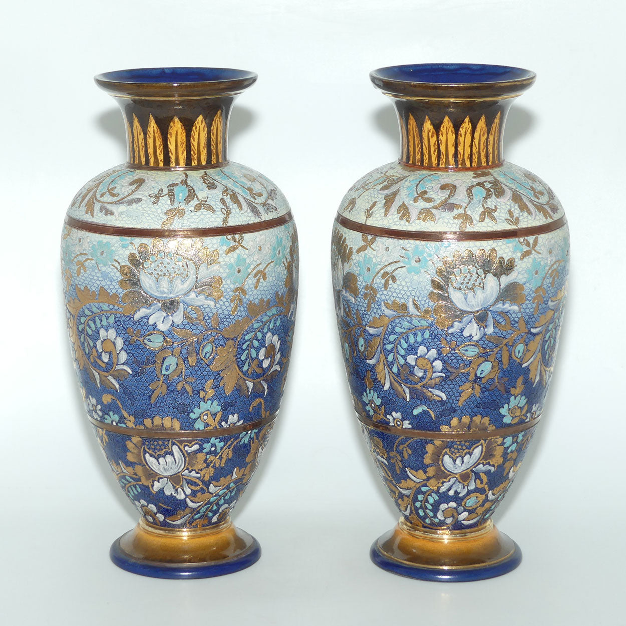 Doulton Lambeth Stoneware Pair of Slaters Patent vases | Blue and Gilt with White Enamel | X3904